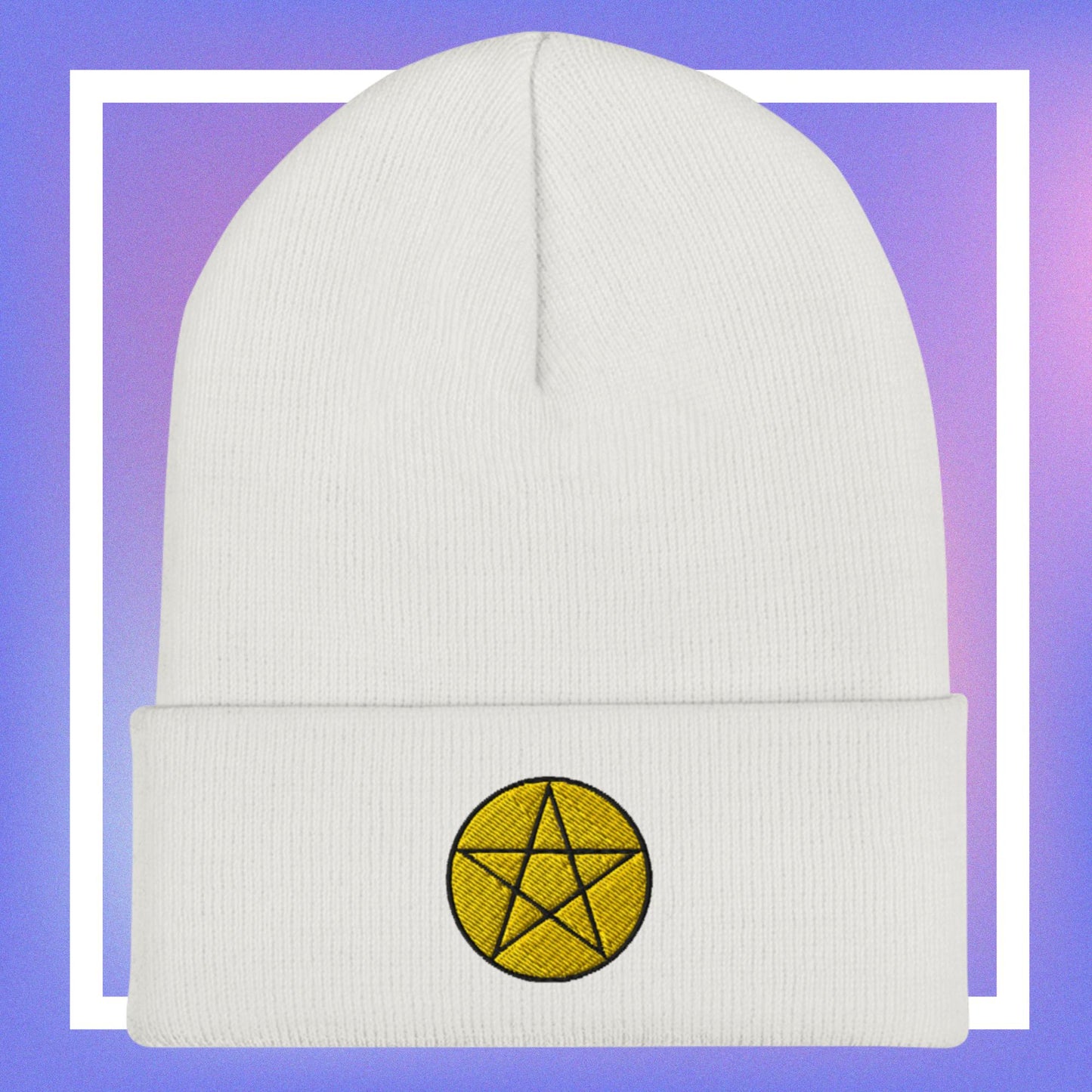 White beanie with a yellow pentacle star design, for women.