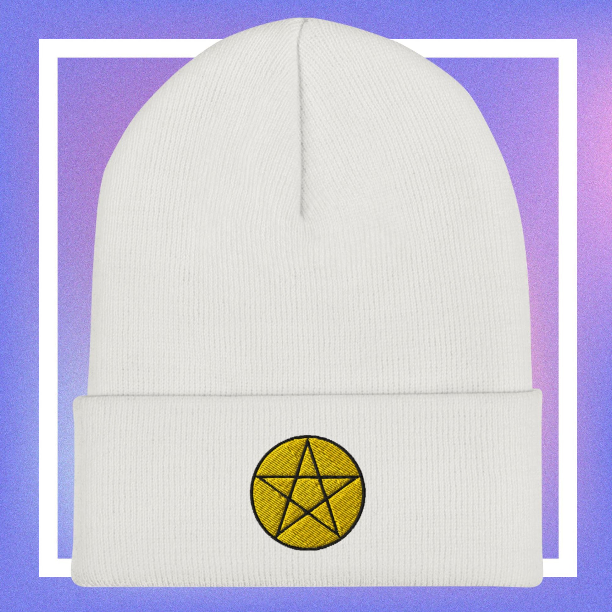 White beanie with a yellow pentacle star design, for women.