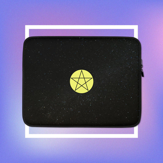 Cozmic Studioz's Star Space Laptop Sleeve: Yellow pentacle centered on black space design background.