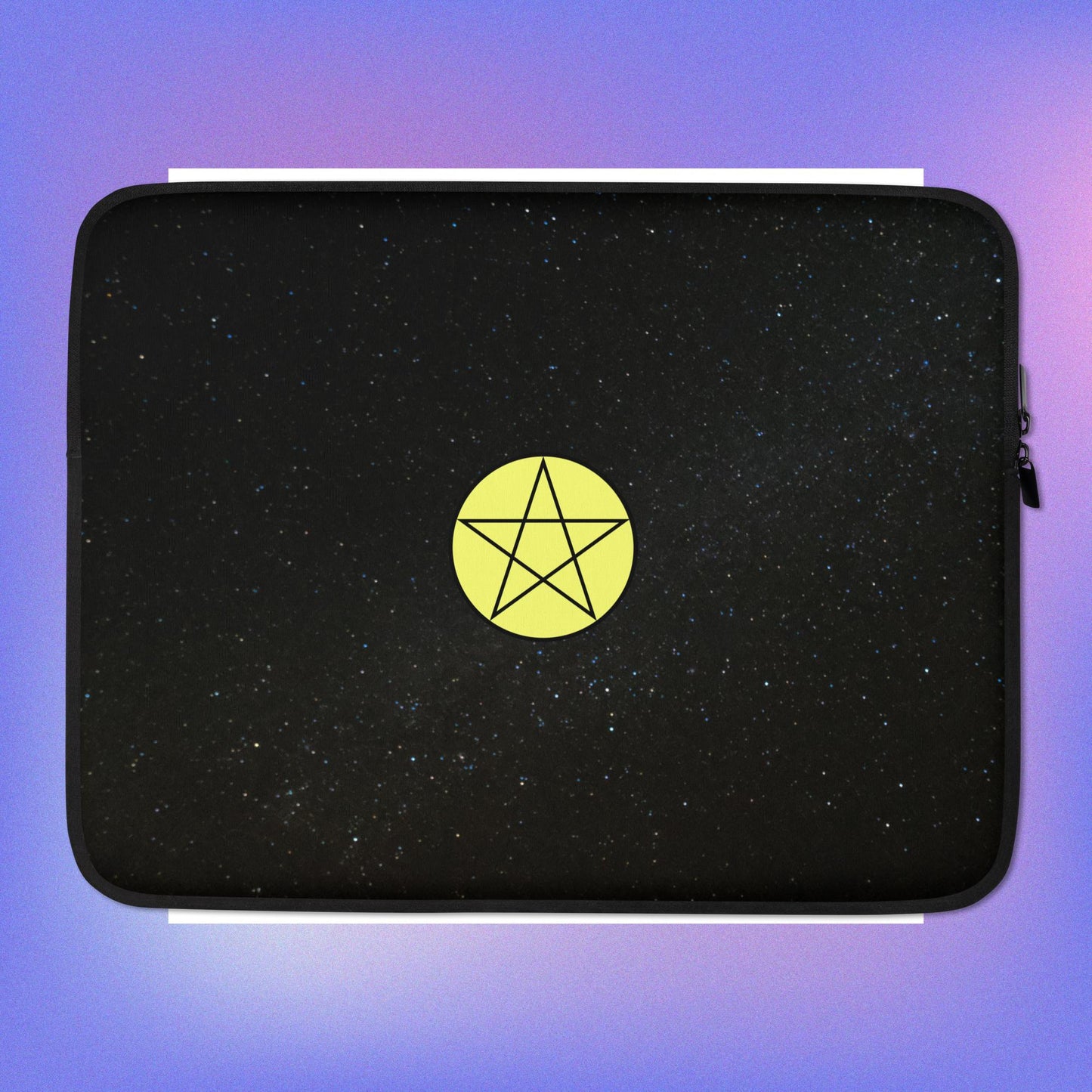 Cozmic Studioz's Star Space Laptop Sleeve: Yellow pentacle centered on black space design background.