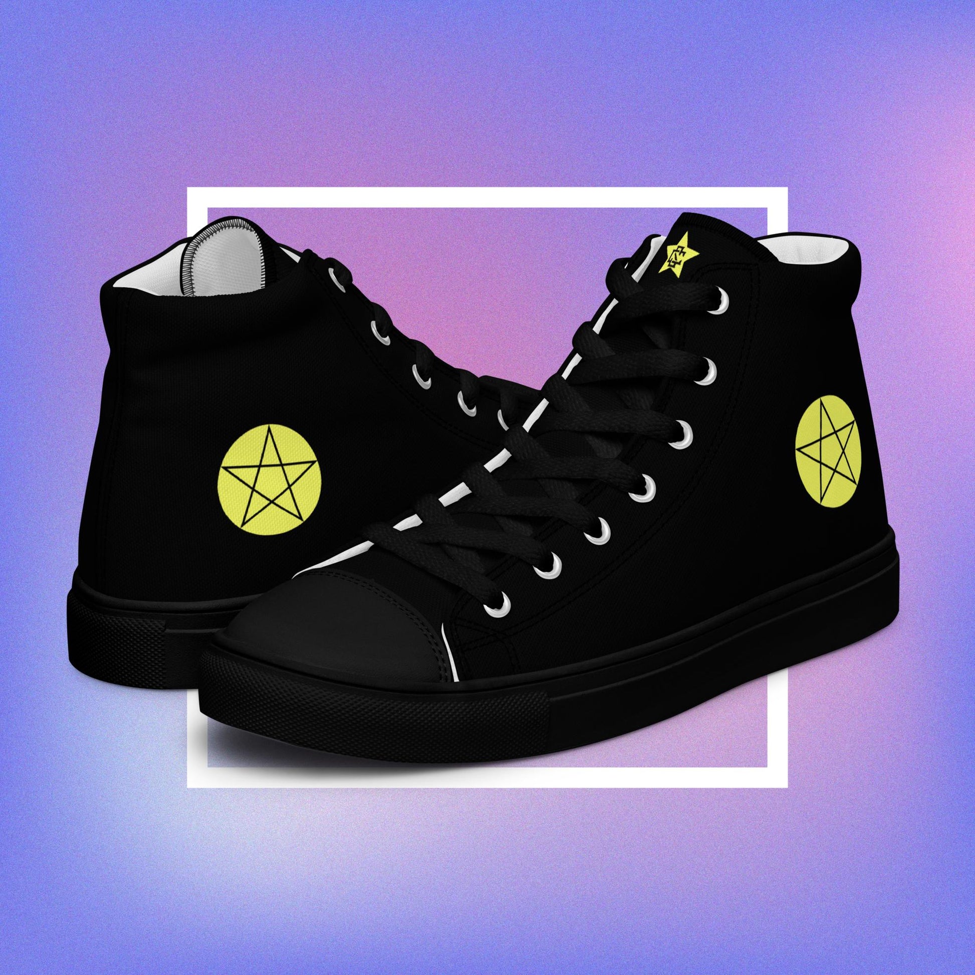 Cozmic Studioz's black high top shoes with yellow pentacle prints on each side and a CS initialed star on the tongue for men. 