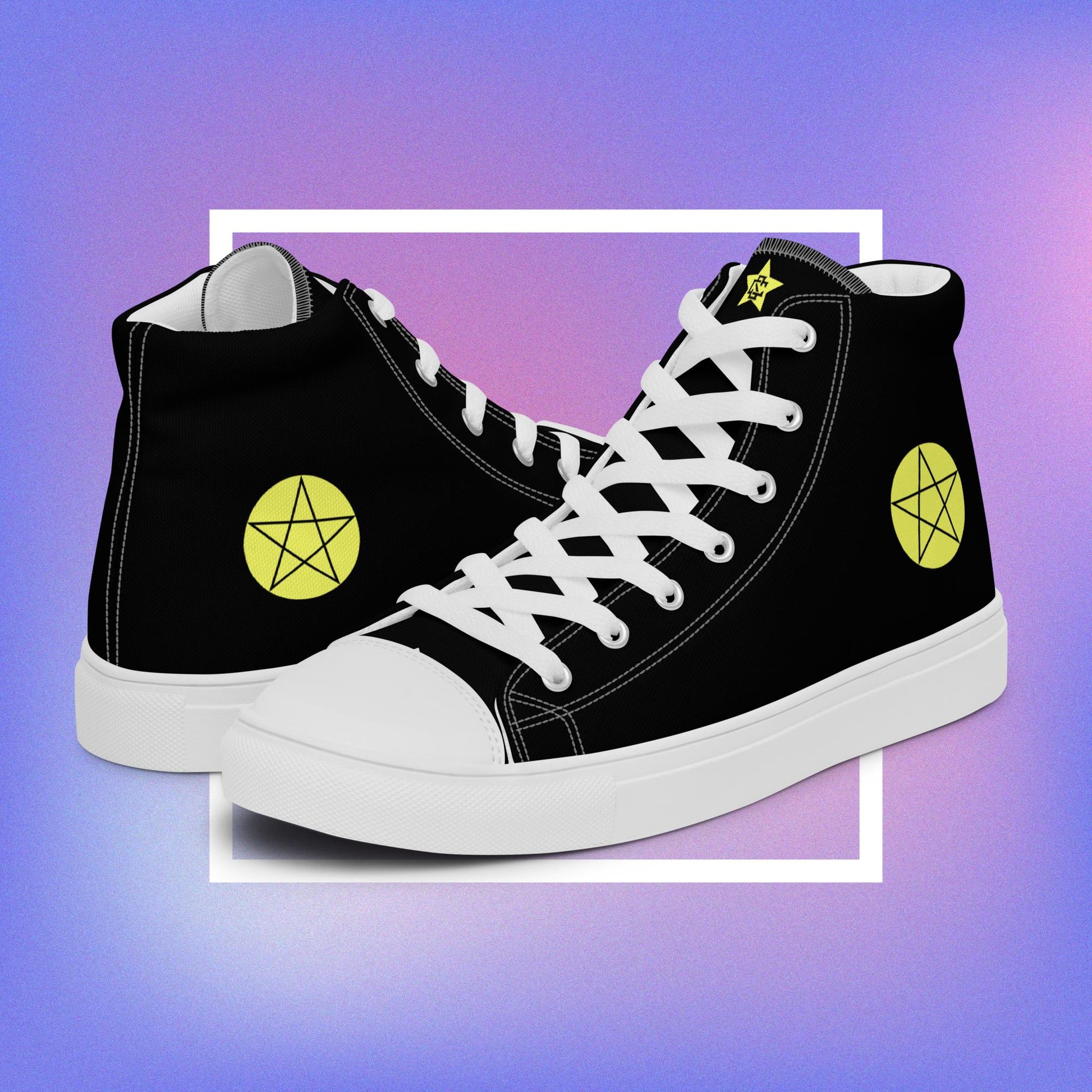 Cozmic Studioz's black and white high top shoes with yellow pentacle prints on each side and a CS initialed star on the tongue for men. 