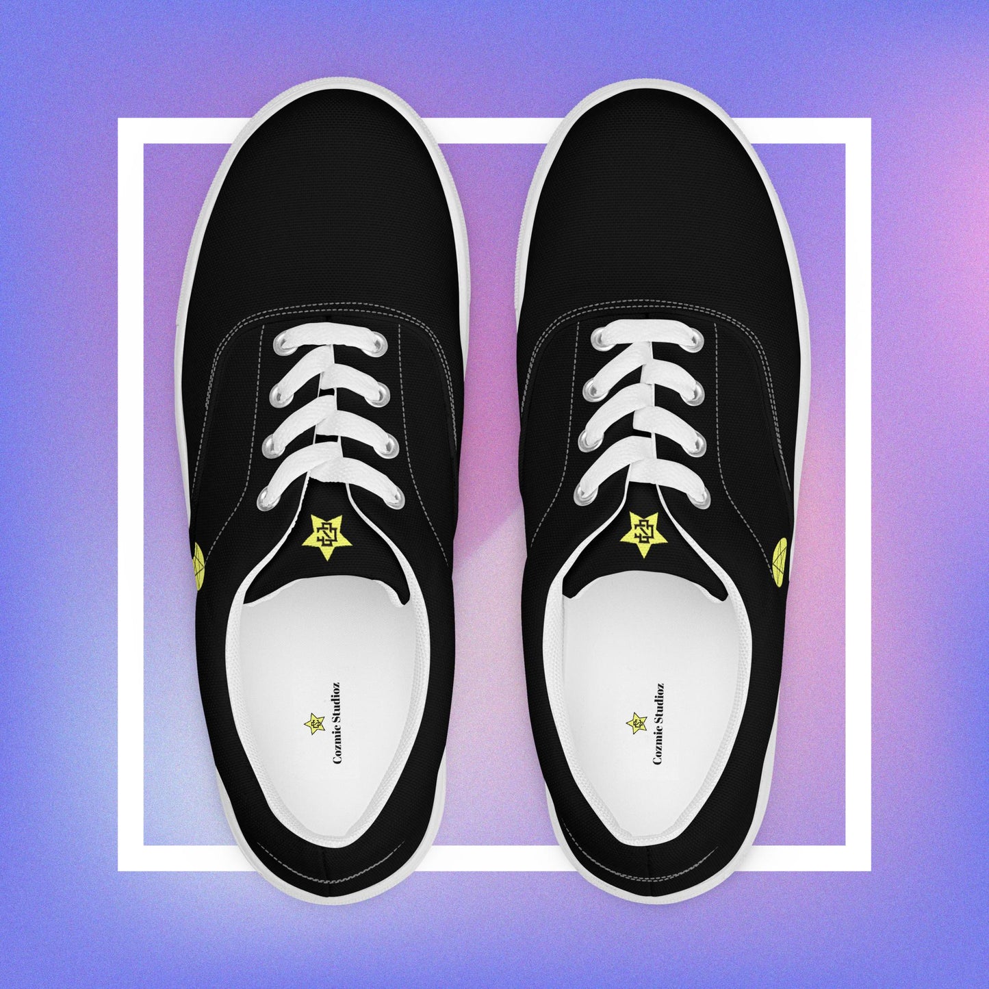 Men's black & white sneakers featuring a pentacle star printed on each outer side of the shoe with a center star logoed CS on the tongue. 