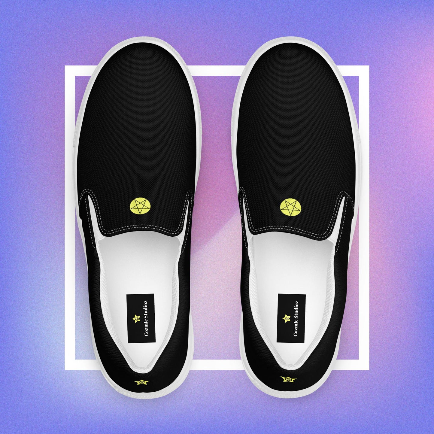 Men's black slip-ons featuring a yellow printed pentacle star in the tongue of the shoe and a signature star initialed CS in the center back of the shoe.  