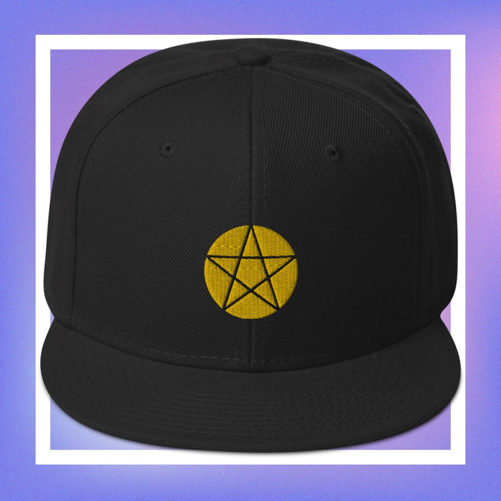 Cozmic Studioz Men's Star Cap. Stylish yellow pentacle printed on black cap for cosmic-inspired fashion.