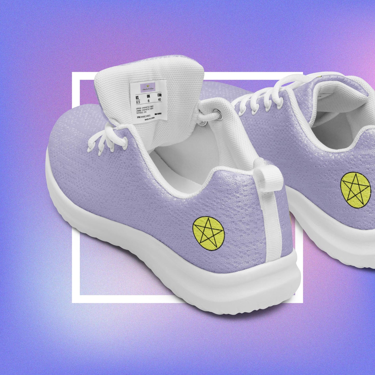 Women's purple athletic shoes featuring two pentacle star designs printed on each side with a center star logoed CS on the tongue. 