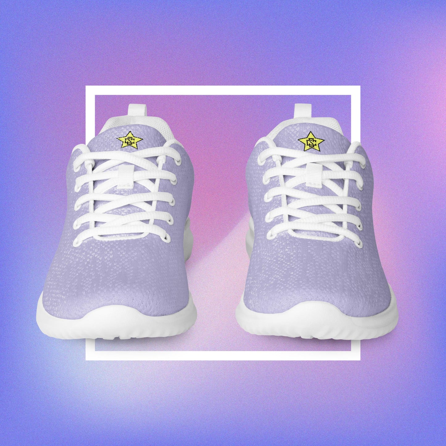 Women's purple athletic shoes featuring two pentacle star designs printed on each side with a center star logoed CS on the tongue. 