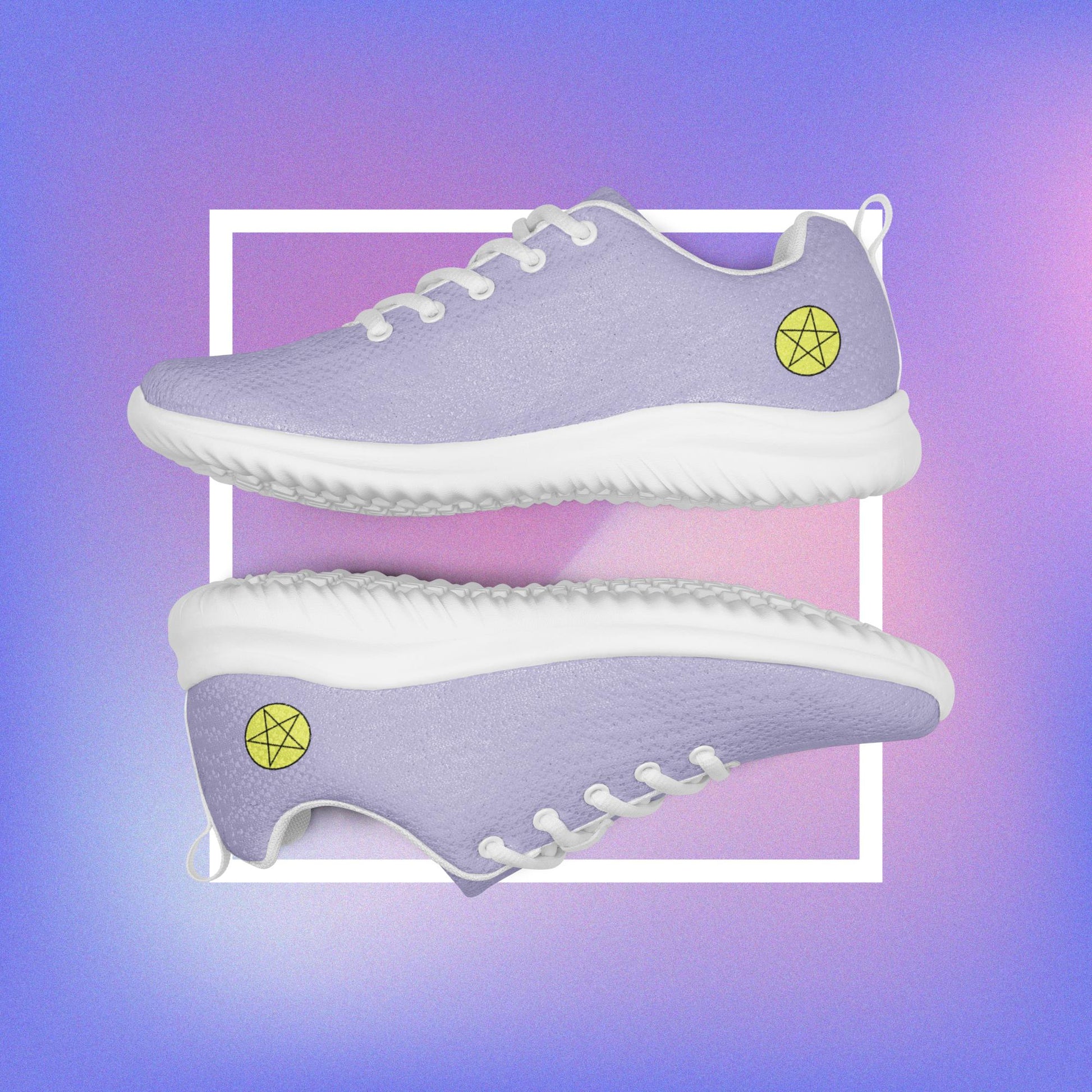 Women's purple athletic shoes featuring two pentacle star designs printed on each side with a center star logoed CS on the tongue. 