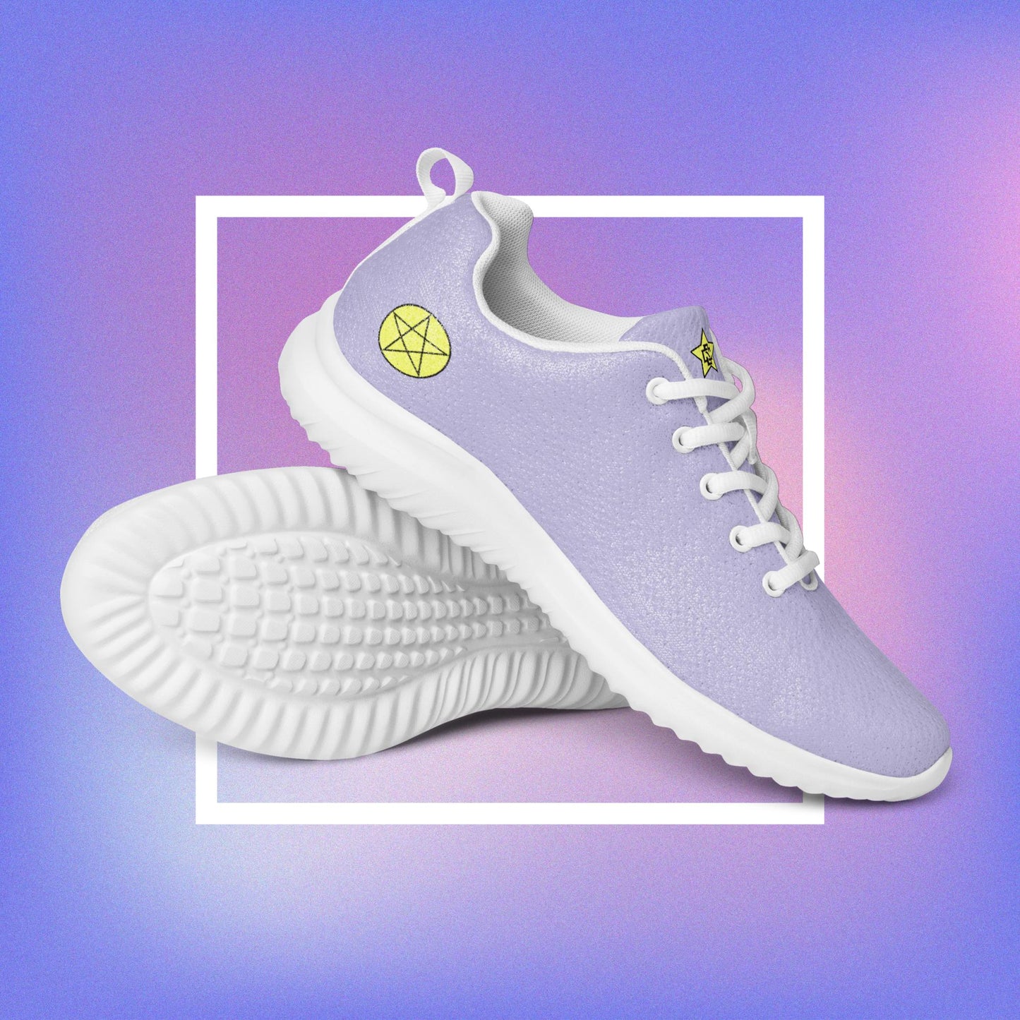 Women's purple athletic shoes featuring two pentacle star designs printed on each side with a center star logoed CS on the tongue. 