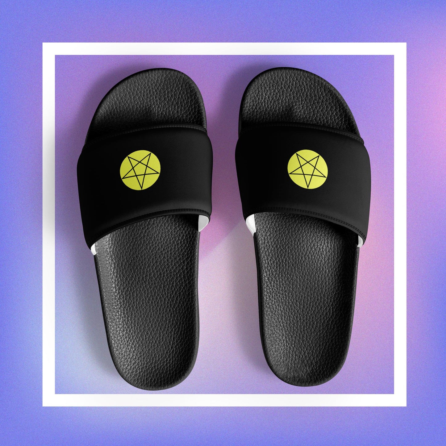 Women's black slides featuring a pentacle star design.