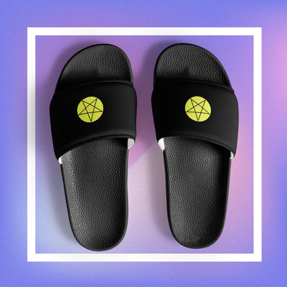 Men's black slides featuring a pentacle star design.