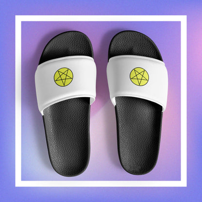 Women's white slides featuring a pentacle star design.