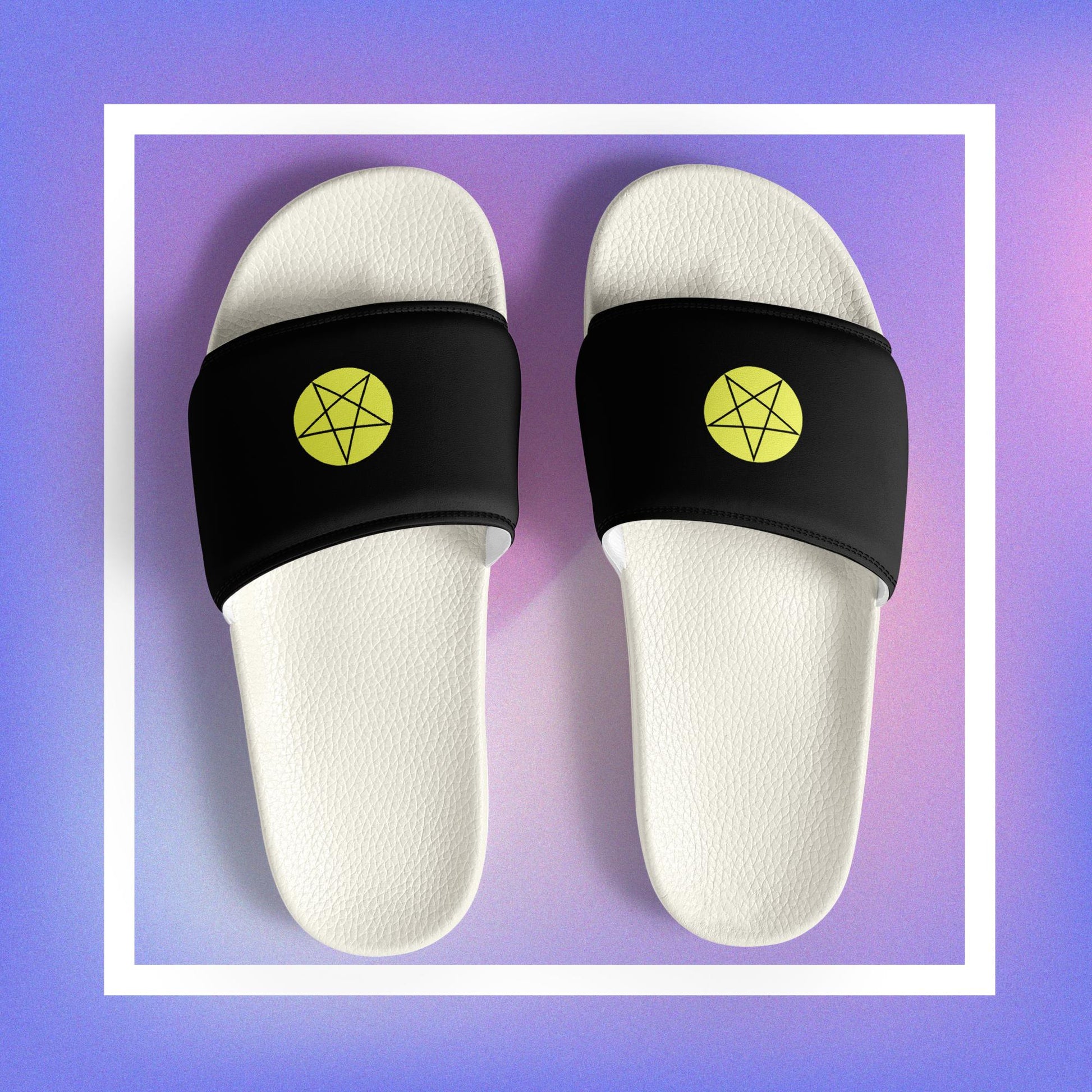 Women's black slides featuring a pentacle star design.