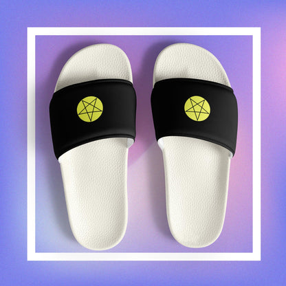 Women's black slides featuring a pentacle star design.