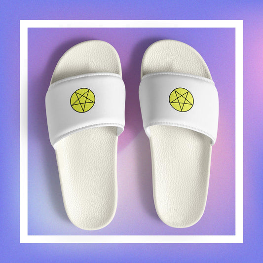 Women's white slides featuring a pentacle star design.