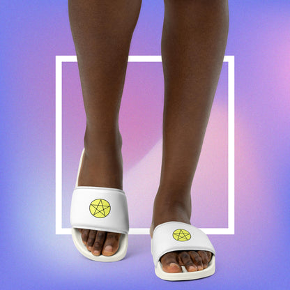 Women's white slides featuring a pentacle star design.