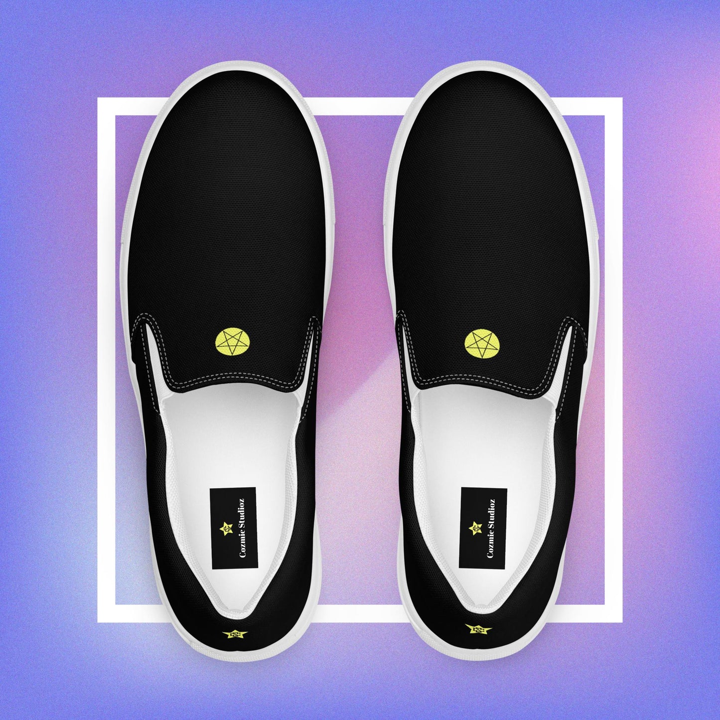 Women's black slip-ons featuring a yellow printed pentacle star in the center  tongue of the shoe and a signature star initialed CS in the center back of the shoe.  